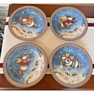 Set of 4 Sakura Debbie Mumm "Snow Angel Village"  8" Plates with Snowman Designs